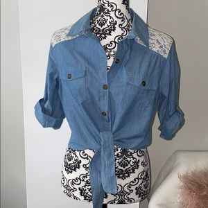 Bongo- denim top with lace detail. Tie front
